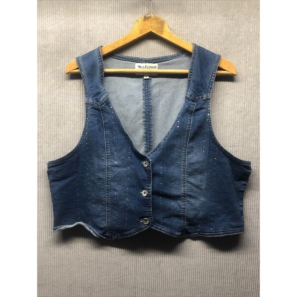 Wallflower Denim Sleeveless Vest Size 1X Crop Bling Cinch Back Deep V Neck
